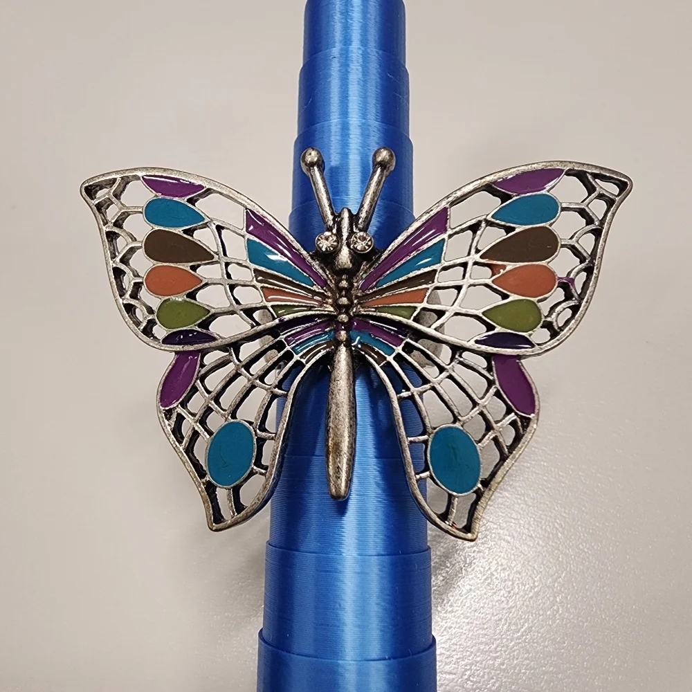 Art Nouveau Style Multi-Color Enamel & Silver Tone Filigree Butterfly Statement